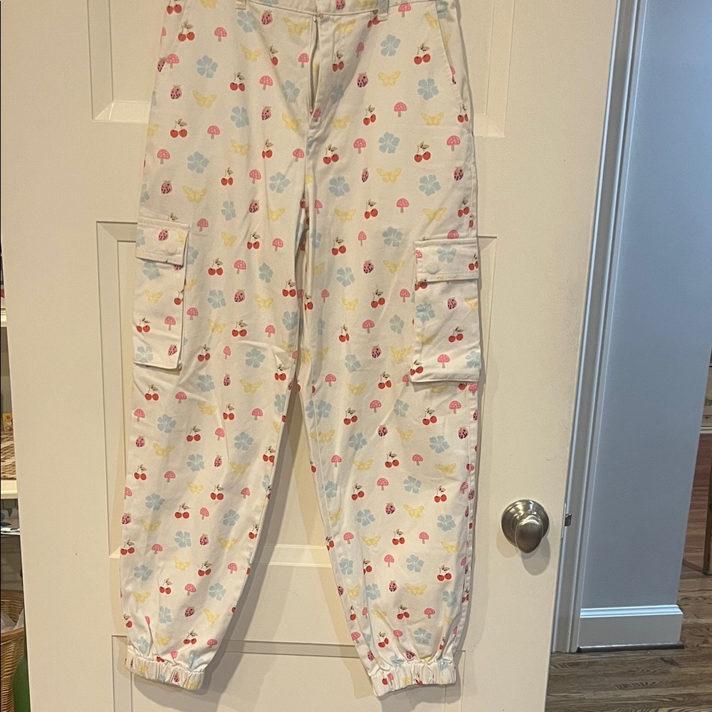 Forever 21 White Cargo Pants with Cherry Print